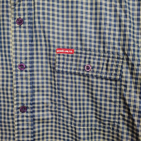 Ecko Button-Up Shirt Men's XL Blue/Yellow Plaid Short Sleeves Collared - Picture 3 of 10